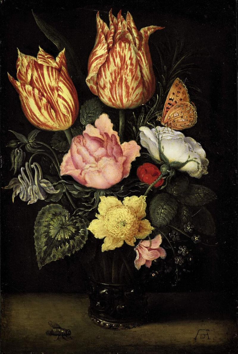 Lot 37 The Property of a Lady AMBROSIUS BOSSCHAERT THE ELDER (Antwerp 1573 - 1621 The Hague) Still life of tulips, wild roses, cyclamen, yellow ranunculus, forget-me-not and other flowers, in a glass beaker signed in monogram lower right oil on copper 19.4 x 12.9 cm.; 7¾ x 5 in. Est. £800,000-1,200,000 / €900,000-1,350,000 / $985,000-1,480,000