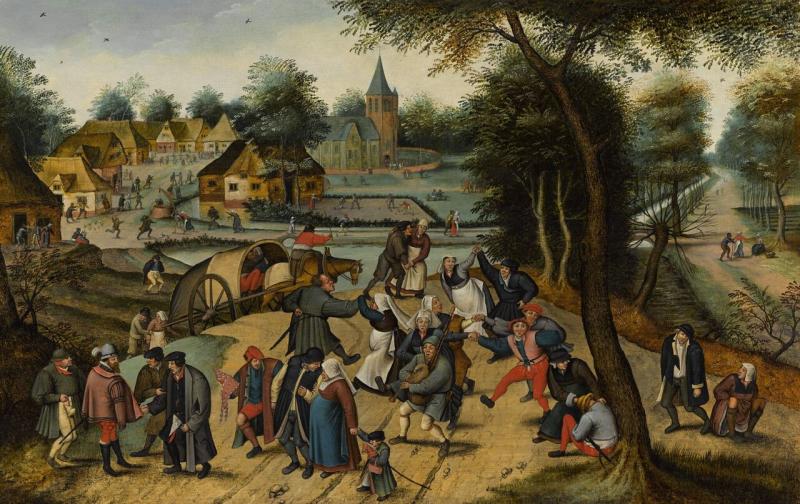 Lot 34 PIETER BRUEGHEL THE YOUNGER (Brussels 1564 - 1637/8 Antwerp) Return from the Kermesse  signed lower left: P. BREVGHEL oil on oak panel 50 x 79 cm.; 19. by 31. in. Est.  £ 2,000,000-3,000,000/ €2,240,000-3,360,000 / $2,460,000-3,690,000