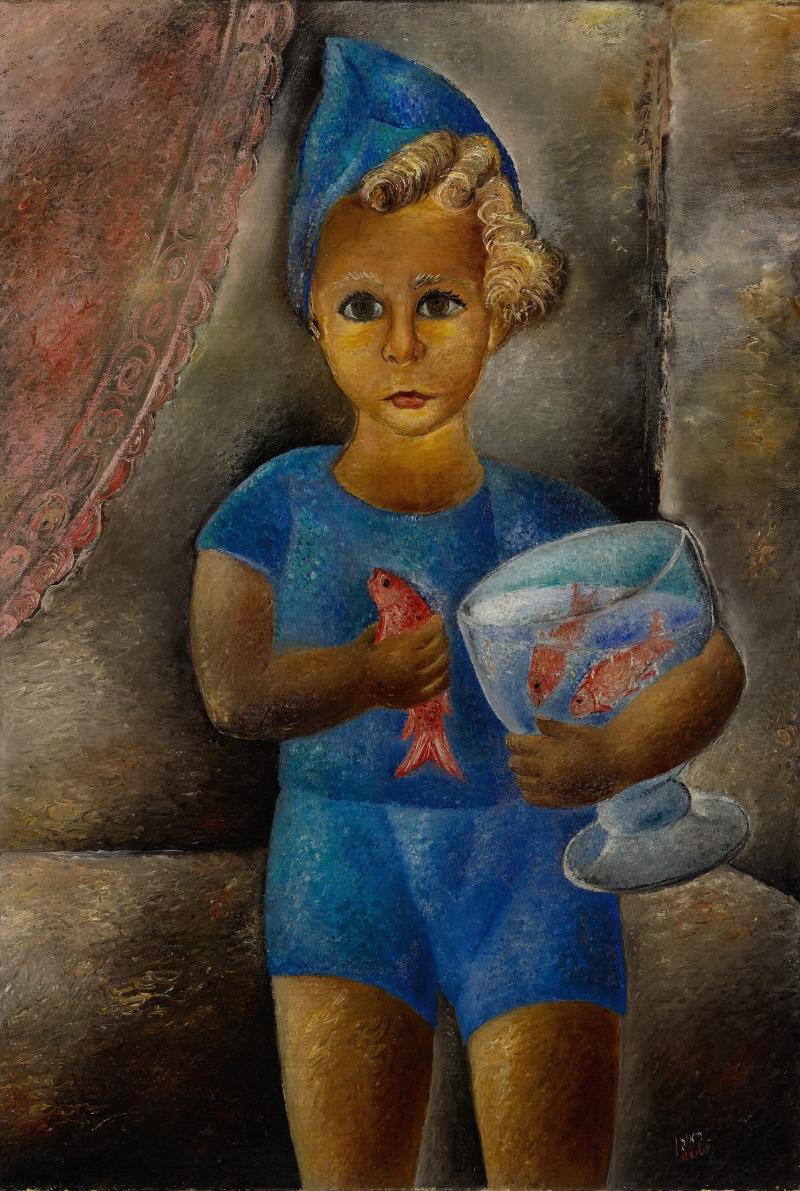 Lot 12 Property Of A Private Collection, New York Reuven Rubin Boy With Goldfish  Signed Rubin and in Hebrew (lower right) Oil on canvas 34 1/4 by 25 1/2 in. 88.3 by 64.8 cm Painted in 1929.  Est. $150/250,000