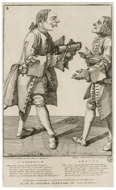 Matthias Oesterreich nach Pier Leone Ghezzi. Matthias Oesterreich überreicht Pier Leone Ghezzi sein Buch mit Karikaturen, 1751, Radierung, Kupferstich-Kabinett, Copyright: SKD, Foto: Herbert Boswank