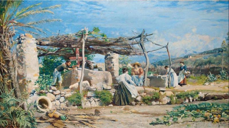 Nestel, Hermann 'Am Brunnen' (Genreszene in Ligurien/Bordighera), 1898 Oel auf Leinwand. 57,0 x 110,0 cm. Rechts unten signiert, Schätzpreis:	25.000 - 28.000 EUR