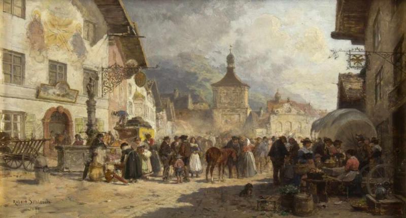 Schleich, Robert.  1845 - München - 1934 Markt in Bad Tölz. Öl/Holz. Sign. und dat. 1891. 22,5 x 41 cm. Gerahmt.  Aufrufpreis:	4.000 EUR