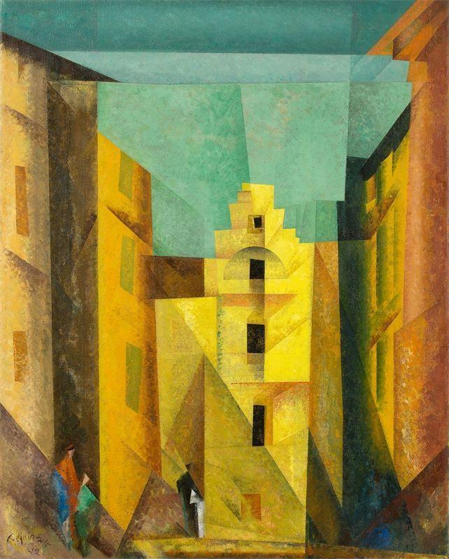 Lyonel Feininger (1871 – New York – 1956) „Gelbe Gasse“ (auch „Gasse I“, „Yellow Lane“). 1932 Öl auf Leinwand. 100 × 80 cm ( 39 ⅜ × 31 ½ in.).  Schätzpreis:	1.000.000 - 1.500.000 EUR Zuschlagspreis:	3.000.000 EUR