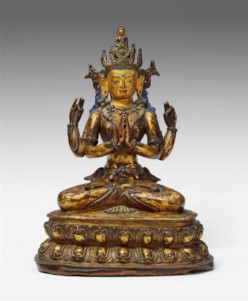 Shadakshari Avalokiteshvara. Feuervergoldete Bronze. Tibet. 15./16. Jh. Schätzpreis:	15.000 - 20.000 EUR