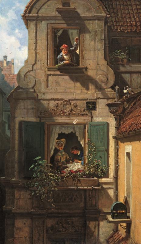 CARL SPITZWEG 1808–1885 Der abgefangene Liebesbrief | um 1855 The Intercepted Love Letter | c. 1855 Öl auf Leinwand | Oil on canvas 54,2 × 32,3 cm Museum Georg Schäfer, Schweinfurt Foto | Photo: Museum Georg Schäfer, Schweinfurt