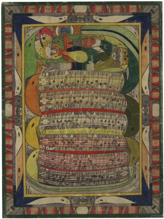 Adolf Wölfli, Saint Adolf mordu à la Jambe par le Serpent, 1927, Lead pencil and coloring pencil on paper, 68 x 51 cm, Photo Marie Humair, AN, Collection de l'Art Brut, Lausanne: ©