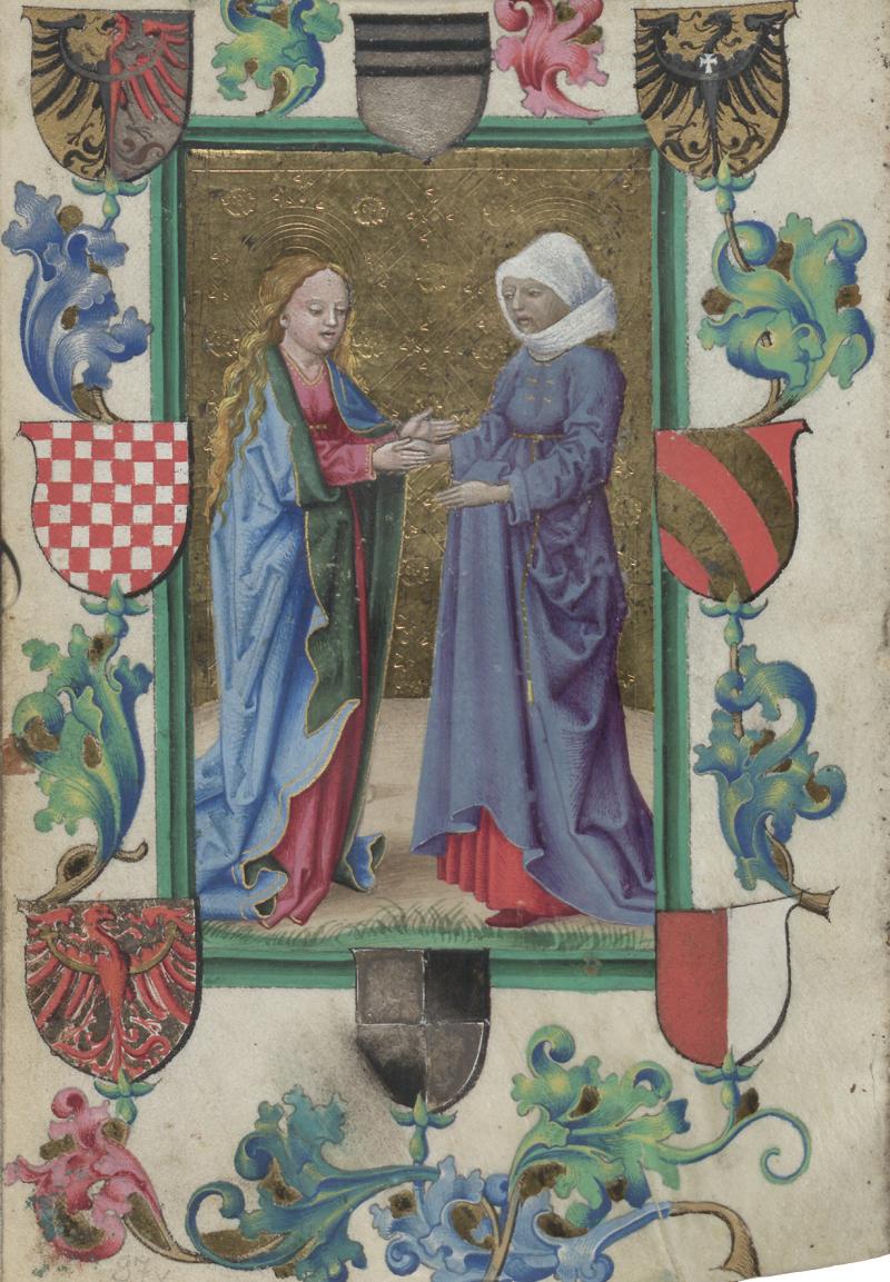 Heimsuchung Mariens, umgeben von Wappen (Herzog Georg I. von Münsterberg-Oels, 1470 – 1502), Stundenbuch (lat.), Schlesien, um 1500 © Österreichische Nationalbibliothek