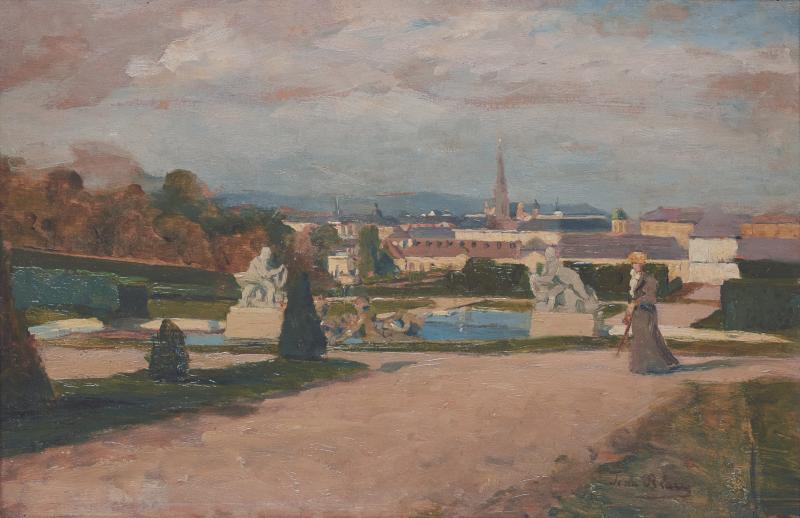 Tina Blau, Blick auf Wien vom Oberen Belvedere, 1894/1895 Legat Peter Parzer, Wien Öl auf Holz, 26 × 39,5 cm