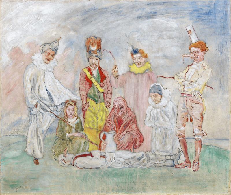 James Ensor (1860-1949) Baptême de masques, ca. 1925-30, Öl/Leinwand, 60 x 70 cm  erzielter Preis € 1.022.500