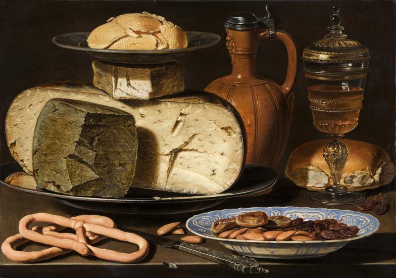 Clara Peeters Werkzaam in Antwerpen, c.1607-1621 of later Stilleven met kazen, amandelen en krakelingen, c.1615 Paneel, 34,5 x 49,5 cm Den Haag, Mauritshuis, verworven met steun van de Stichting Vrienden van het Mauritshuis, de BankGiro Loterij, de Vereniging Rembrandt (mede dankzij haar A.M. Roeters van Lennep Fonds, Utrechtse Rembrandt Cirkel en Caius Cirkel) en een particulier, 2012