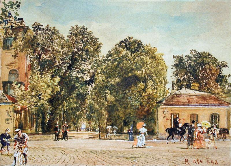 Rudolf von Alt (Wien 1812 – 1905 Wien)  Eingang in den Park von Schloss Schönbrunn in Hietzing  Aquarell auf Papier  signiert und datiert (1)898, verso bezeichnet  verzeichnet im Chronologischen Verzeichnis der Aquarelle und Zeichnungen: 98/13 – Eingang in den Park von Schönbrunn bei Wien (Walter Koschatzky, Rudolf von Alt, Wien 2001)  ausgestellt von November bis Dezember 1898 anlässlich der II. Kunstausstellung der Vereinigung Bildender Künstler Österreichs in der Wiener Secession  Provenienz: