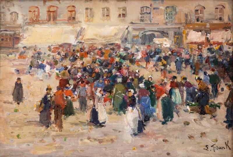 ((Bild Frank_26, Bildnachweis: Kunsthandel Decker Baden-Baden)): „Pariser Markttreiben“ von Lucien Frank (1857 – 1920), präsentiert auf der Antik & Kunst von der Baden-Badener Kunsthandlung Decker.