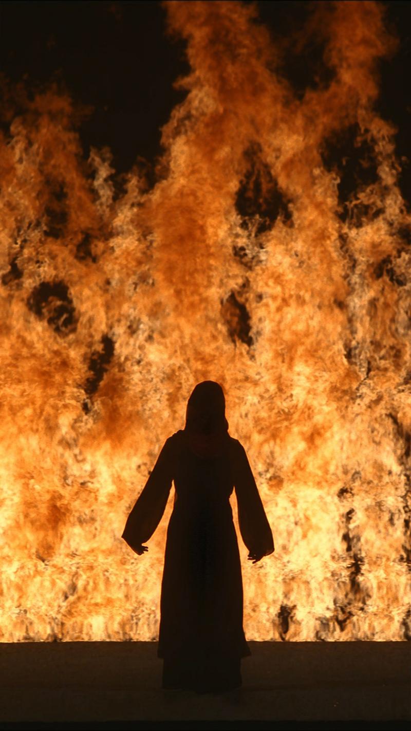 Bill Viola Fire Woman, 2005 Color High-Definition video projection; four channels of sound with subwoofer (4.1) Projected image size: at Deichtorhallen about 10 m height 11:12 minutes Performer: Robin Bonaccorsi © Kira Perov, courtesy of Bill Viola Studio