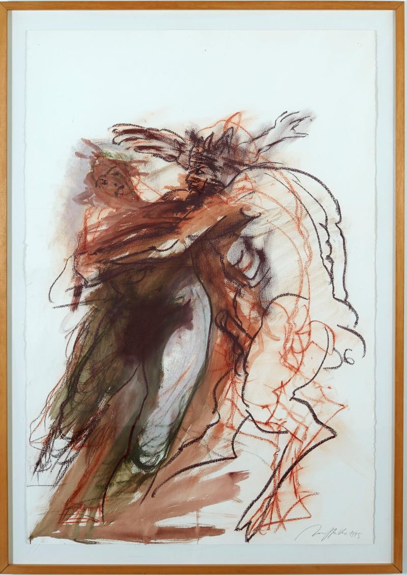 Alfred Hrdlicka, Nymphe und Satyr, 1995, Rötel, Pastell und Aquarell auf Papier, 150 x 102 cm