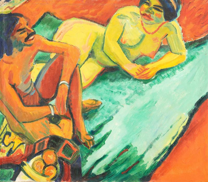 Hermann Max Pechstein Weib mit Inder auf Teppich (Vorderseite), Früchte II (Rückseite), 1910 Öl auf Leinwand, 71,5 x 82,5 cm Aufruf: 600.000 €, Ergebnis: 3.480.000 € Auktionsweltrekord für eine Arbeit von Hermann Max Pechstein Leihgabe aus Privatbesitz