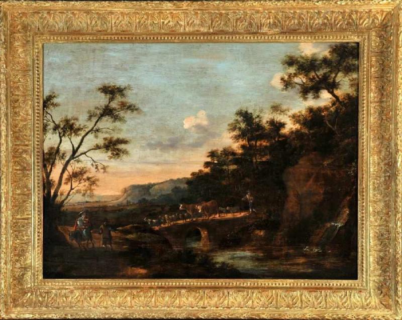 Piemont, Nicolas, 1659 Amsterdam - 1709 Vollenhoven Öl/Eichenholz, 57 x 74 cm, " Flucht nach Ägypten ",  Mindestpreis:	4.000 EUR