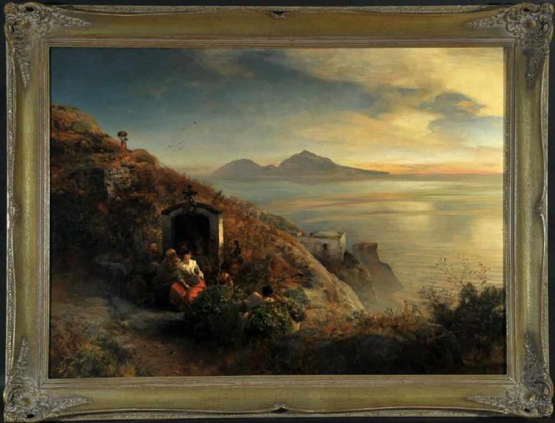 Achenbach, Oswald, 1827 - 1905 Düsseldorf, " Küstenpartie am Golf von Neapel mit Blick auf Capri ", Mindestpreis:	2.000 EUR