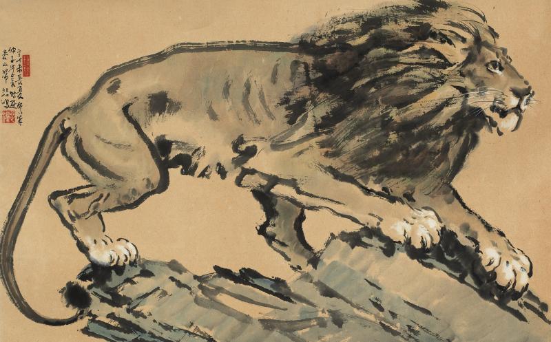 Lot 956 Xu Beihong 1895-1953 Lion  ink and color on paper, mounted for framing 51.8 by 82 cm. 20 3/8  by 32 1/4  in.  Est. $150/200,000 Sold for $ 828,500