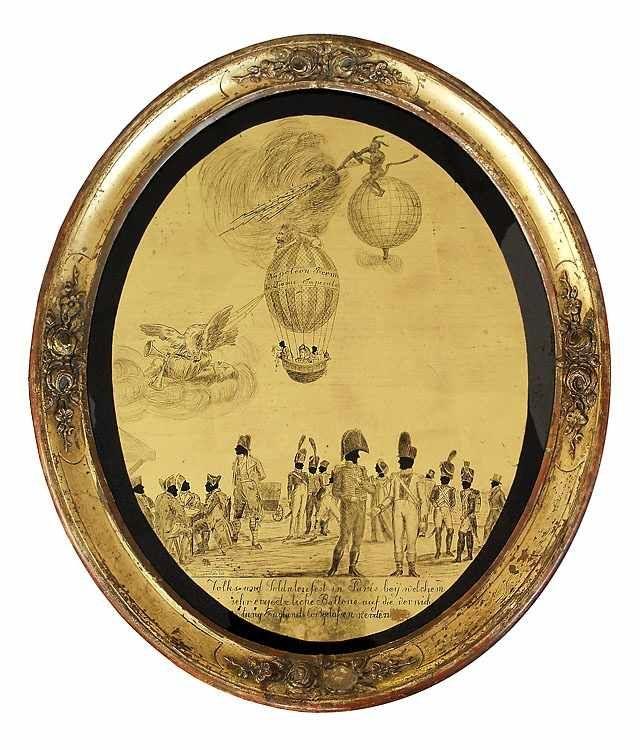 Charpentier, Francois-Philippe, Zwei Montgolfièren umgeben von Allegorien über einer Gruppe von Soldaten und Zivilisten. Feine Gravur auf Goldfolie, Ende 18. Jh./um 1800. Li. u. bez. Charpentier del. Hochoval, 35,5 x 29 cm. Unter Glas, orig. Goldr.. € 1300