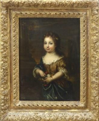 Hofmaler des 18. Jh. Zwei Kinderportraits, Gegenstücke. Wohl Friedrich der Große als Kind mit King-Charles-Spaniel und seine Schwester Wilhelmine mit Blumen. Öl auf Leinwand, doubliert. Ca. 46 x 33 cm.