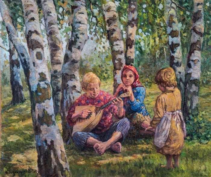 Nikolai Petrowitsch Bogdanoff-Belsky (Attr.) 1868 Skitiki - 1945 Berlin Balalaika spielender Junge mit zwei Mädchen, Schätzpreis:	5.000 - 6.000 EUR