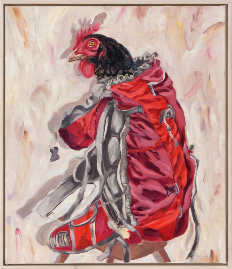 Rupert Gredler, Huhn im roten Sack, 2016, Öl auf Leinwand, 60x70cm