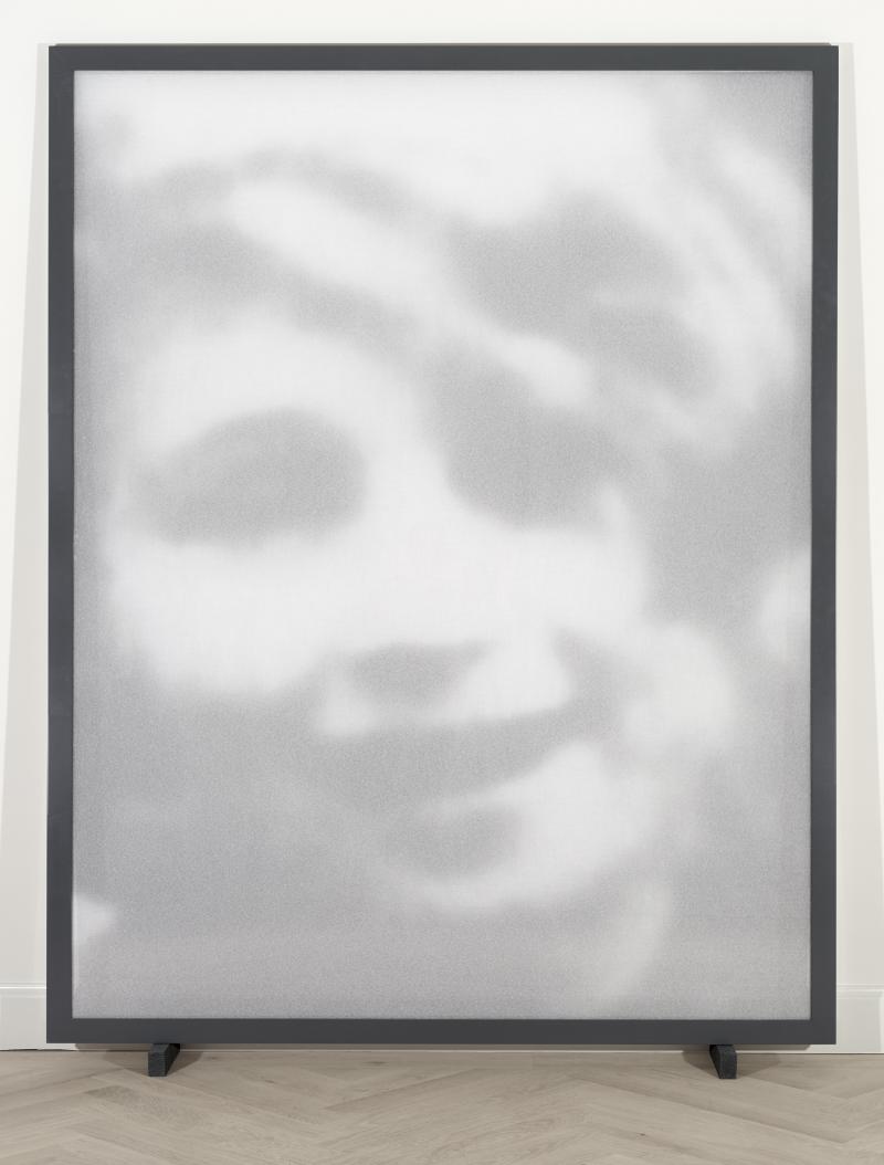 Boltanski, Christian 2013 240 x 190 cm Après (I) Photograph printed on cloth, plexiglass, instal- lation on 2 grey wooden logs Foto: Kewenig Berlin | Palma