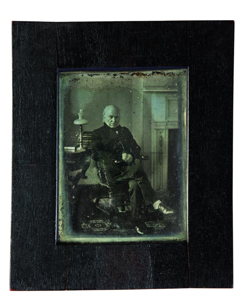 Lot 147 Philip Haas John Quincy Adams half-plate daguerreotype, in a mid-to-late 19th century ebonized wood wall frame, signed 'J. Q. Adams' and inscribed 'Hon Horace Everett / Windsor / Vermont' by Adams in ink on address leaf, an Everett family crest bookplate, inscribed 'Presented by J. Q. A. to his Kinsman H. E. 1843' and annotated in an unidentified hand in ink, and with other labels and inscriptions on the reverse of the frame, 1843 Half-plate Estimate $150/250,000