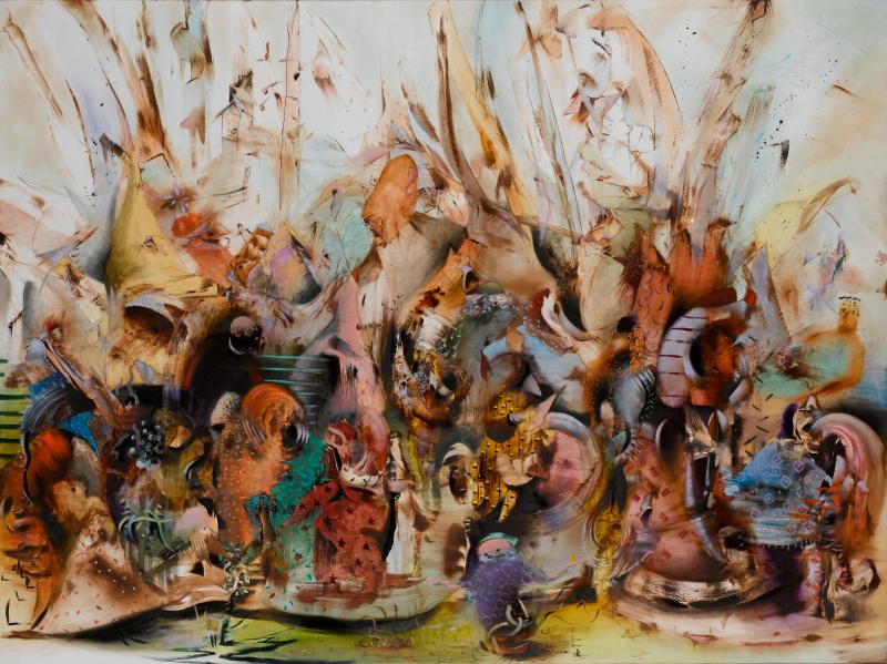 Ali Banisadr, In Medias Res, oil on canvas, 2015 (est. $200,000-300,000)