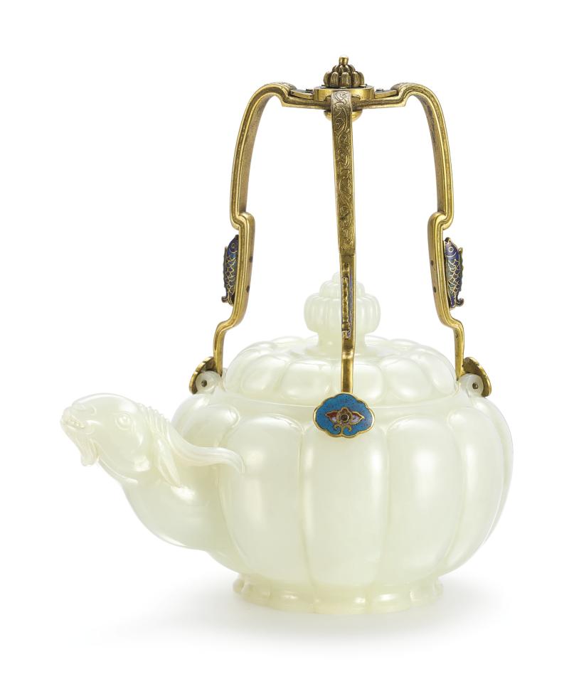 A Rare and Important Imperial White Jade and Cloisonné Enamel Ram-Head Teapot and Cover, Qing Dynasty, Qianlong Period Sold for HK$75.5 million / US$9.7 million