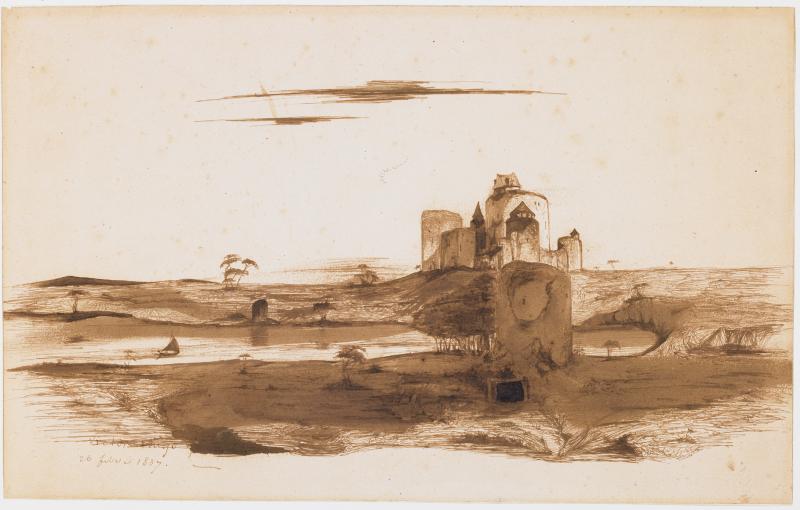 Victor Hugo, Landschaft mit See, Ruine und Schloss, 1837, Feder, braune Tusche laviert auf Papier, Musée des Beaux-Arts, Dijon, Donation Granville, DG 503, Foto: Dénes Józsa