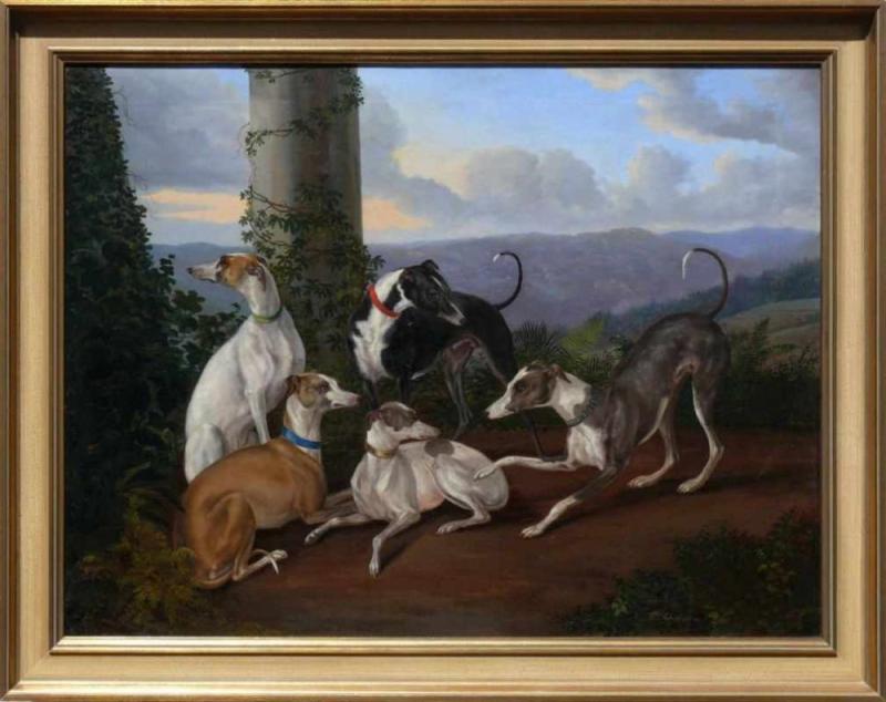 Schneider, Friedrich (1799 Freiberg - 1855 Berthelsdorf) "5 Windhunde"; auf Terrasse mit Blumen... Mindestpreis:	2.500 EUR