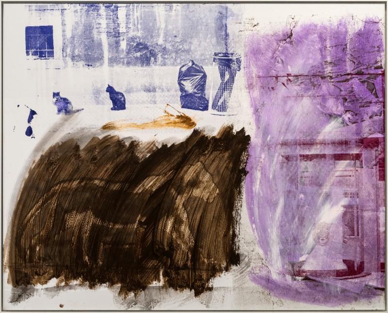 Robert Rauschenberg, Cat Lore (Urban Bourbon), 1991 Acrylic on enameled aluminium. 124.5 x 154.9 cm (49 x 61 in) ©The Robert Rauschenberg Foundation/ DACS, London, 2017. Photo: Charles Duprat