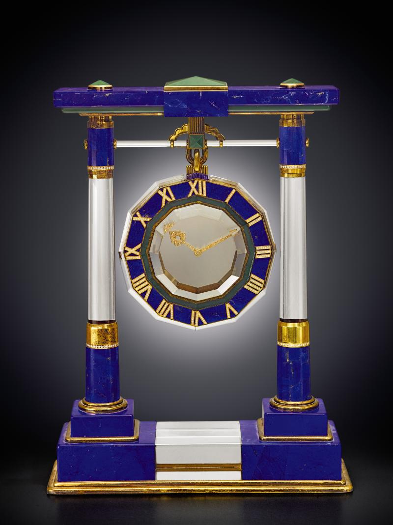 9697 Cartier Impressive Yellow Gold Silver Gilt Rock Crystal Lapis Lazuli Nephrite and Diamond Set Mystery Clock (lot 783)