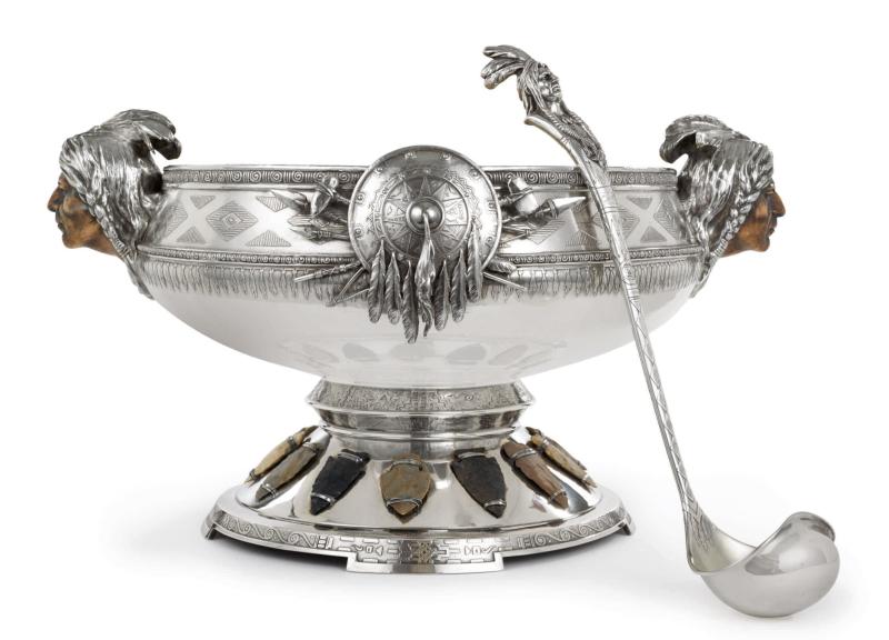 Lot 394 $312,500 (£226,040) $125,000 - 175,000 Private American Collector American silver and copper "Indian" punch bowl and ladle, attributed to Joseph Heinrich, New York, circa 1900-15