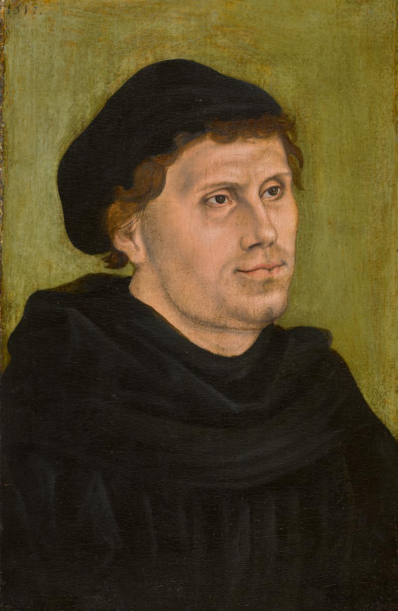 Lot 9 Property From A Private Collection Lucas Cranach the Elder Portrait Of Martin Luther (1483-1546) signed with the winged serpent device and with traces of date centre left, and bears date upper left: 1517 oil on beechwood panel 15 7/8  by 10 1/2  in.; 40.3 by 26.5 cm. Estimate $800/1.2 million Sold for $ 2,295,000