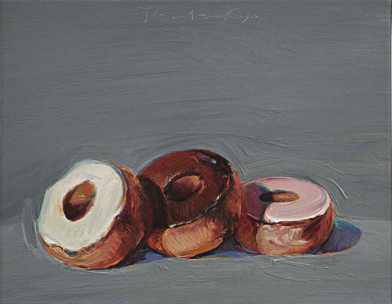 Lot 63 Wayne Thiebaud Three Donuts signed and dated 1994; signed on the reverse oil on canvas 11 by 14 in. 27.9 by 35.5 cm. Estimate $700,000/1,000,000