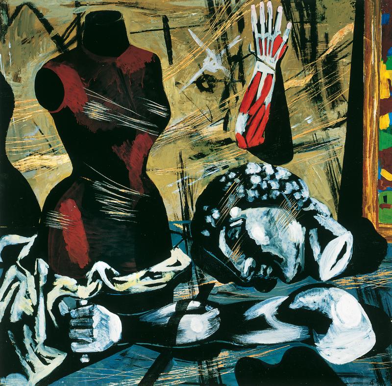 Karl Kluth (1898-1972) Stillleben mit Modellpuppe | Still life with mannequin, 1956 Öl auf Karton | oil on cardboard, 125 x 125 cm © Vera Kluth