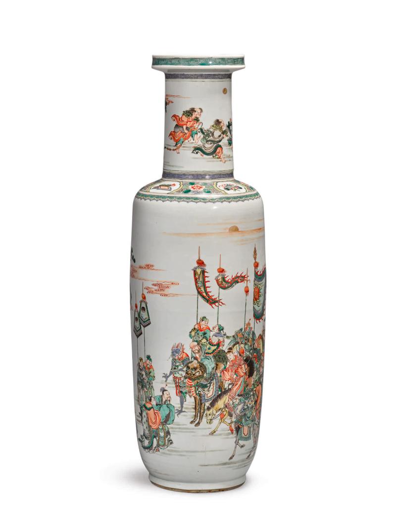 Lot 322 A Large and Important Famille-Verte ‘Investiture of the Gods’ Rouleau Vase Qing Dynasty, Kangxi Period Height 29 1/4 in., 74.2 cm Estimate $400/600,000 Sold for $1,575,000