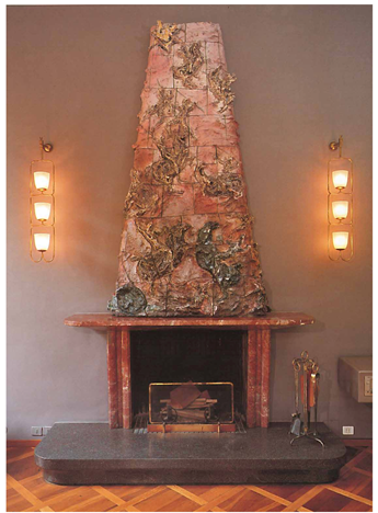 The fireplace at Villa Borsani, a collaboration with Lucio Fontana, 1947