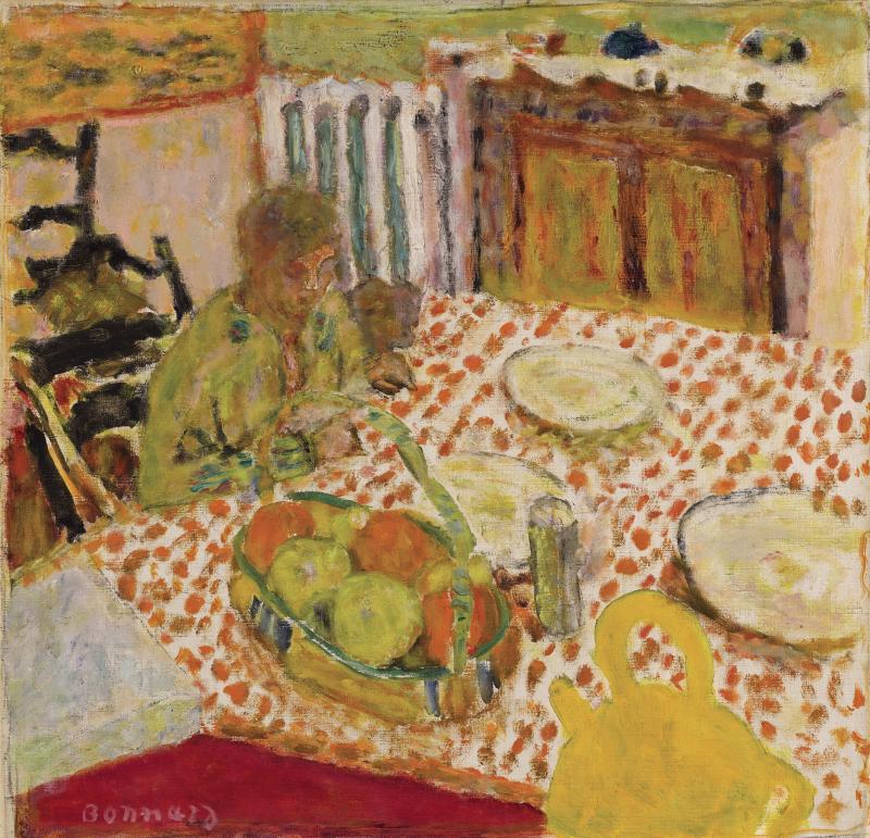 Pierre Bonnard Marthe et son chien assise devant une table signed oil on canvas 43.3 by 44.2 cm Executed circa 1930.