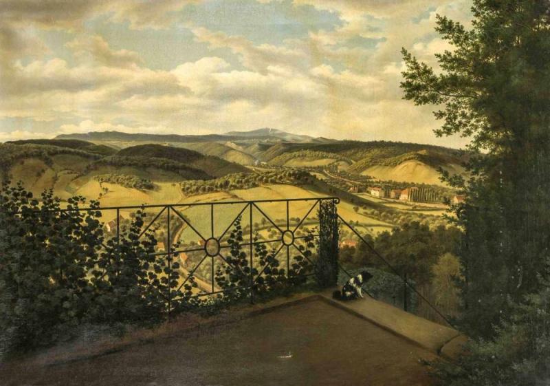 Ernst Helbig (1802-1866),war Schüler von Johan Christian Dahl und lebte 1823 im selben Haus wie Caspar David Friedrich, Landschaft im Harz, Blick von einer Terrasse über die bewaldeten Hügel des Harzes mit dem Brocken im Hintergrund. Mindestpreis:	1.500 EUR