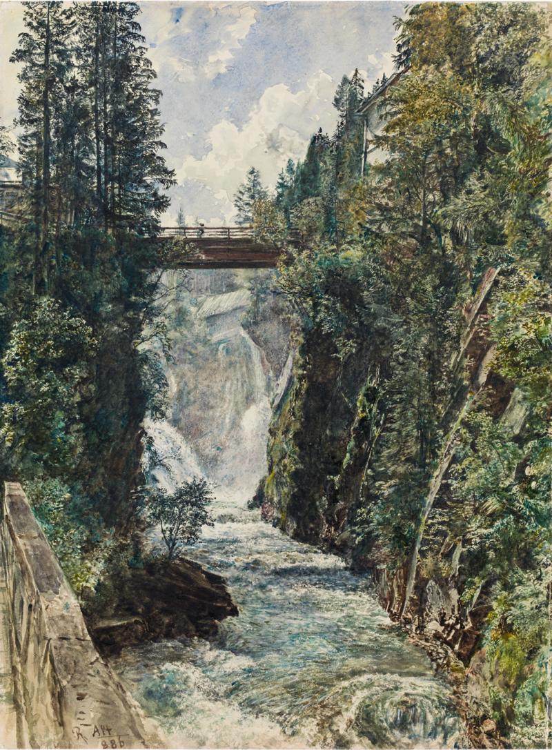 Rudolf von Alt, „Die Schreckbrücke in Badgastein“, 1886, Aquarell auf Papier auf Karton, 47 x 34 cm, links unten signiert und datiert: R. Alt [1]886 Bild: Kunsthandel Giese & Schweiger