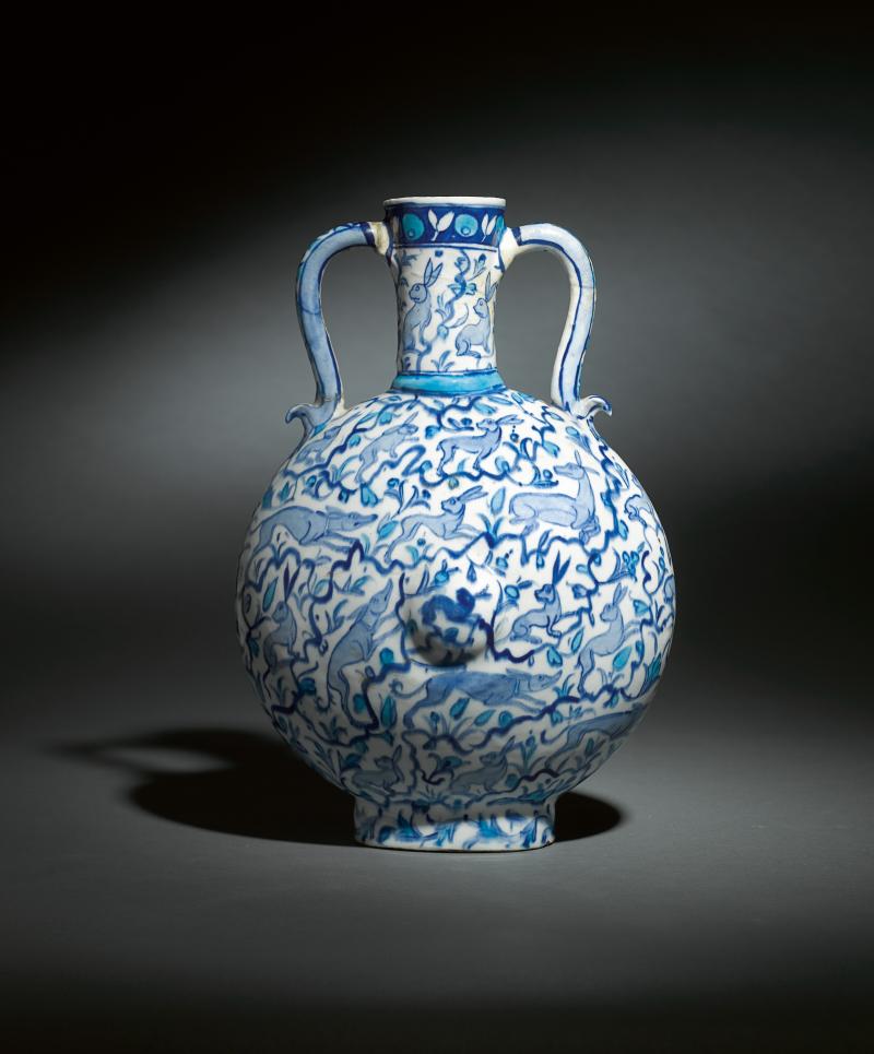 Lot 167, A unique Iznik blue and white pilgrim flask with animals, Turkey, circa 1545-55 (est. £60,000-80,000)