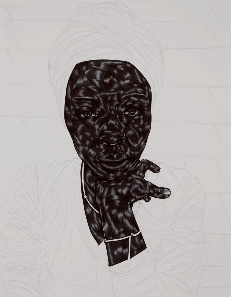 Toyin Ojih Odutola From a Place of Goodness  Signed, titled and dated 2017-2018 on the reverse  Pen ink and pencil on paper  14 by 11 in.; 35.6 by 27.9 cm Executed in 2017-2018 Estimate $10/15,000 Courtesy the artist and Jack Shainman Gallery, New York