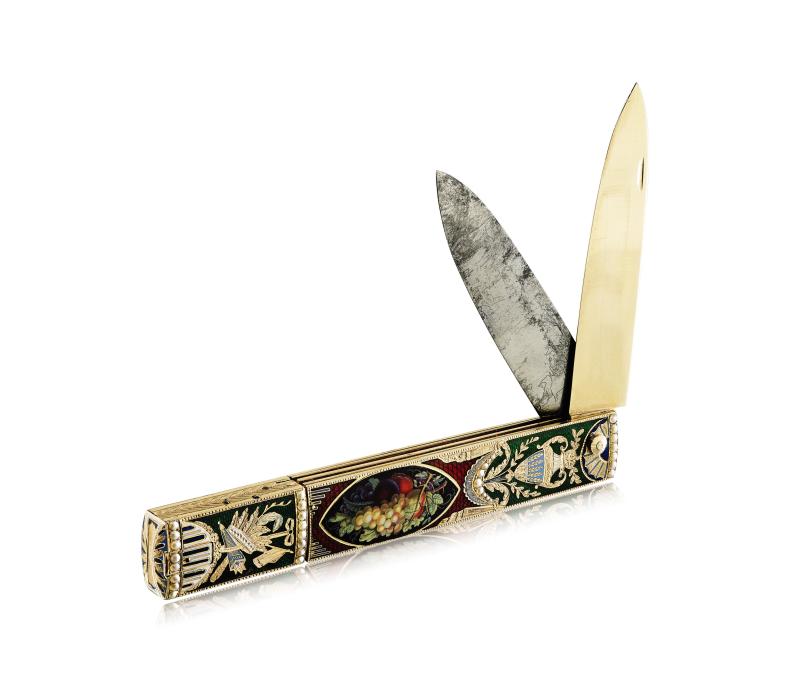 Lot 200 - Piguet & Meylan - exceptional and rare gold enamel and pearl musical fruit knife - Important Watches Geneva - 13 May 2018