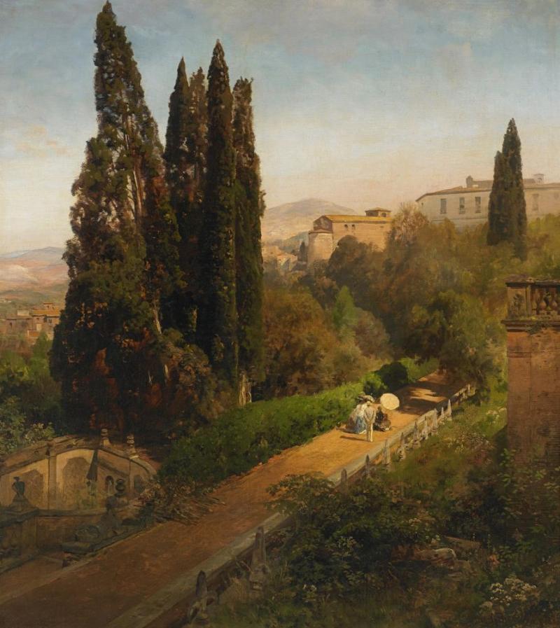 Achenbach, Oswald Düsseldorf 1827 - 1905 Malerin unter Zypressen im Park der Villa d'Este bei Rom. Schätzpreis:	15.000 - 20.000 EUR