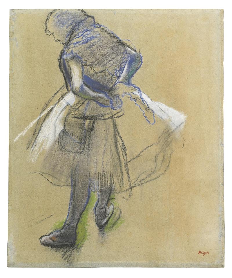 Edgar Degas (Paris 1834–1917) Stehende Tänzerin, die Hände hinter dem Rücken (Danseuse debout, les mains derrière le dos), 1887, Signaturstempel, rücks. Atelierstempel, Pastell und Kohle auf Papier, 47 x 39,5 cm, erzielter Preis € 234.800