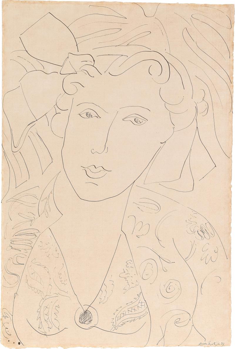 Henri Matisse (Cateau-Cambrésis 1869–1954 Nizza) Portrait de femme avec un collier, 1937, signiert und datiert Henri Matisse 37, mit rücks. Stempel P. M. (Pierre Matisse), Tusche auf hellgelbem Papier, 61 x 40,7 cm, erzielter Preis € 344.600