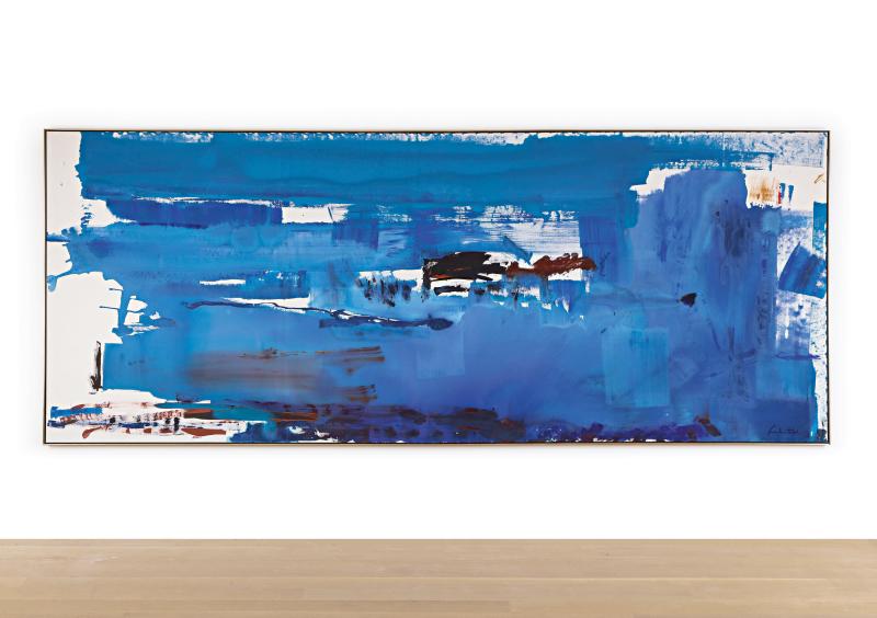 Lot 113 Helen Frankenthaler Blue Reach  signed; signed and dated 1978 on the reverse acrylic on canvas  71 by 177 1/2 in. 180.3 by 450.9 cm. Estimate $1/1.5 million Sold for $3,015,000 RECORD FOR THE ARTIST AT AUCTION